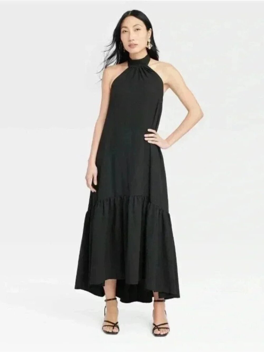 NWT Women's Halter Hi-Lo Midi Dress - A New Day Black Tiered Ruffle Hem Size XS